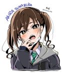  1girl bangs blush brown_eyes brown_hair character_name commentary face_mask head_tilt highres hood hooded_jacket idolmaster idolmaster_cinderella_girls jacket kirikirimai_(kkm) long_sleeves mask medium_hair mole mole_under_eye necktie open_mouth sharp_teeth signature sketch sleeves_past_wrists solo sunazuka_akira surgical_mask teeth twintails twitter_username upper_body 