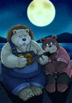  2017 anthro bear blush clothing duo guitar hat leaning male mammal moon mountain musical_instrument night norataro one_eye_closed overalls overweight overweight_male shirt sitting straw_hat water wink 