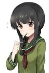  black_hair braid brown_eyes commentary_request food highres kantai_collection kitakami_(kantai_collection) long_hair looking_at_viewer md5_mismatch mouth_hold okitsugu pocky pocky_day resized school_uniform serafuku simple_background single_braid sketch smile solo upscaled white_background 
