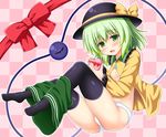  bangs black_hat black_legwear blush bow breasts checkered checkered_background chocolate chocolate_heart commentary_request eyeball fang frilled_shirt_collar frills full_body green_eyes green_hair green_skirt hat hat_bow heart heart_of_string komeiji_koishi long_sleeves looking_at_viewer nagana_sayui open_clothes open_shirt panties parted_lips shirt skirt skirt_pull small_breasts smile solo thighhighs third_eye touhou underwear white_panties wide_sleeves yellow_shirt 