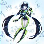  air_bubble araquanid blue_eyes bubble character_name full_body gen_7_pokemon greenriverknight grey_skin highres long_hair looking_at_viewer navel navel_cutout personification pokemon standing twintails underwater very_long_hair wavy_mouth 