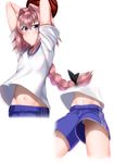  arms_up astolfo_(fate) bangs basketball black_bow blue_shorts blush bow braid closed_mouth cropped_legs eyebrows_visible_through_hair fate/apocrypha fate_(series) gym_shorts gym_uniform hair_between_eyes hair_bow hair_intakes highres kitajima_yuuki long_hair looking_at_viewer lower_body male_focus multicolored_hair multiple_views navel no_undershirt pink_hair purple_eyes shirt short_sleeves shorts single_braid stomach streaked_hair sweat testicle_peek upper_body upshorts v-shaped_eyebrows white_hair white_shirt 