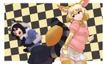  :3 animal_ears arm_at_side black_eyes black_hair blonde_hair bow bowtie brown_eyes checkered checkered_background closed_mouth commentary common_raccoon_(kemono_friends) cowboy_shot eyebrows_visible_through_hair fang fennec_(kemono_friends) fox_ears fox_tail fur_collar gloves grey_hair half-closed_eyes hand_up hands_up highres intertwined_tails kemono_friends looking_at_another looking_back multicolored_hair multiple_girls open_mouth pink_sweater raccoon_ears raccoon_tail short_hair short_sleeves skirt smile standing striped_tail sweater tail thighhighs wokue zettai_ryouiki 