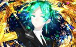  1other androgynous arrow colored_eyelashes crystal_hair gem_uniform_(houseki_no_kuni) gold golden_arms green_eyes green_hair hanata houseki_no_kuni looking_at_viewer necktie phosphophyllite short_hair solo sword upper_body weapon 