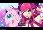  aqua_eyes commentary_request crossover elizabeth_bathory_(fate) elizabeth_bathory_(fate)_(all) fang fate/extra fate/extra_ccc fate_(series) gen_1_pokemon gradient gradient_background holding holding_microphone horns jigglypuff long_hair looking_at_viewer meiji_ken microphone open_mouth pink_hair pointy_ears pokemon pokemon_(anime) pokemon_(creature) sparkle_background twitter_username upper_body w 