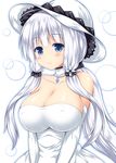  azur_lane breasts choker cleavage collarbone commentary_request covered_nipples dress elbow_gloves gloves hair_ornament hat illustrious_(azur_lane) large_breasts long_hair looking_at_viewer nagana_sayui off-shoulder_dress off_shoulder revision silver_eyes simple_background solo sun_hat tri_tails v_arms white_background white_choker white_dress white_gloves white_hair 