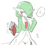  2017 ambiguous_gender blush eating food gardevoir half-closed_eyes holding_food holding_object japanese_text nintendo nishikunsp pocky pok&eacute;mon pok&eacute;mon_(species) pseudo_clothing red_eyes simple_background solo standing text video_games white_background 