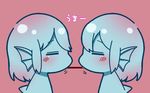  =_= animal_ears bangs blue_hair blue_skin blush chibi closed_mouth dorsal_fin eyebrows_visible_through_hair facing_another filet_(kai_himo) fins food from_side head_fins kai_himo monster_girl multiple_girls original pink_background pocky pocky_kiss profile shared_food short_hair simple_background symmetry 