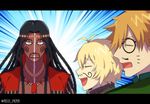  antenna_hair billy_the_kid_(fate/grand_order) blonde_hair braid closed_eyes facepaint facing_another fate/extra fate/grand_order fate_(series) geronimo_(fate/grand_order) green_eyes jewelry long_hair looking_at_viewer male_focus meiji_ken multiple_boys native_american necklace orange_hair robin_hood_(fate) short_hair sweat twitter_username 