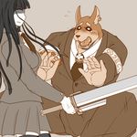  angry anthro blush bodyguard bracelet canine clothing doberman dog duo female human jewelry male mammal melee_weapon necktie scared suit sword tears tokyo_afterschool_summoners weapon xolotl 岩頭岩_(artist) 