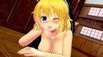  1girl 3d blonde_hair blue_eyes blush breasts chin_rest collarbone convenient_censoring dutch_angle hand_up highres indoors large_breasts looking_at_viewer lying nude on_stomach one_eye_closed open_mouth ryouna_(senran_kagura) senran_kagura short_hair smile solo teeth window wink 