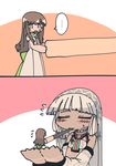  2girls 2koma altera_(fate) bare_shoulders bow closed_eyes comic dark_skin dress f7(eiki) fate/extella fate/extra fate_(series) flying_sweatdrops food giantess green_bow kishinami_hakuno_(female) mouth_hold multiple_girls no_nose pocky pocky_kiss shared_food silent_comic size_difference sketch spoken_ellipsis white_dress yuri 