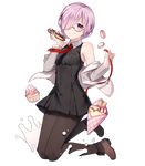  1girl ankle_boots bare_shoulders black-framed_eyewear black_dress black_legwear blush boots breasts brown_footwear closed_mouth cupcake dress fate/grand_order fate_(series) food fruit glasses grey_jacket hair_over_one_eye highres holding holding_food jacket kneeling long_sleeves looking_at_viewer macaron mash_kyrielight medium_breasts necktie off_shoulder open_clothes open_jacket pantyhose pink_hair purple_eyes red_neckwear semi-rimless_eyewear short_hair sleeveless sleeveless_dress smile solo splashing strawberry transparent_background under-rim_eyewear wrapper 