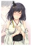  black_hair blush breasts closed_eyes detached_sleeves headgear japanese_clothes jewelry kantai_collection large_breasts nontraditional_miko obi red_eyes ring sash shohei_(piranha5hk) short_hair smile solo wedding_ring white_background wide_sleeves yamashiro_(kantai_collection) zoom_layer 