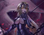  absurdres armor armored_dress bangs banner bare_shoulders blonde_hair blood blood_splatter breasts chain collar commentary_request fate/grand_order fate_(series) finger_to_mouth fur_trim gauntlets headpiece highres holding holding_weapon jeanne_d'arc_(alter)_(fate) jeanne_d'arc_(fate)_(all) large_breasts long_hair moon motion_blur parted_lips shi_qi_kuang_beng smile solo space star_(sky) straight_hair underboob underbust upper_body very_long_hair weapon yellow_eyes 
