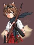  bolt_action brown_eyes brown_hair commentary dated endlessgr8 eyebrows_visible_through_hair goggles goggles_on_head gun hakama_skirt highres japanese_clothes katou_keiko looking_at_viewer rifle scarf short_hair simple_background smile solo weapon world_witches_series 