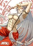  abs arched_back arm_up armpits bangs blunt_bangs bow breasts collared_shirt commentary_request covered_nipples crop_top cropped_shirt d: fujiwara_no_mokou grey_hair hair_bow hair_ribbon highres hips holding huge_breasts long_hair looking_at_viewer midriff muscle muscular_female nail_polish navel no_bra ofuda ofuda_on_clothes open_mouth pants red_eyes red_nails red_pants ribbon ribs shirt sleeveless sleeveless_shirt solo stomach suspenders touhou underboob upper_body very_long_hair white_shirt wing_collar yostel 