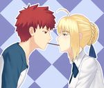  1girl ahoge artoria_pendragon_(all) blonde_hair blue_bow blue_neckwear blue_ribbon blush bow bowtie braid brown_eyes collarbone collared_shirt emiya_shirou eyebrows_visible_through_hair fate/stay_night fate_(series) fateline_alpha food from_side green_eyes hair_bun hair_ribbon hetero mouth_hold pocky pocky_kiss profile purple_background raglan_sleeves red_hair ribbon saber shared_food shiny shiny_hair shirt short_hair sidelocks upper_body white_shirt wing_collar 