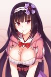  black_hair breasts cai_geng cleavage fate/grand_order fate_(series) food hairband highres large_breasts long_hair looking_at_viewer mouth_hold osakabe-hime_(fate/grand_order) pocky pocky_day purple_eyes smile solo 