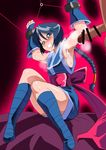  1girl angry armpits artist_request black_hair blue_eyes blush bondage boots clenched_teeth cum cum_in_armpits fingerless_gloves makimachi_misao ninja penis ponytail ribbon rope rurouni_kenshin steam 