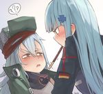  ? artist_name bags_under_eyes blue_hair blush boca brown_eyes closed_mouth ear_blush eyebrows_visible_through_hair food g11_(girls_frontline) german_flag girls_frontline green_eyes green_hat hair_between_eyes hat hk416_(girls_frontline) long_hair looking_at_another looking_away motion_lines mouth_hold multiple_girls nose_blush open_mouth pocky profile spoken_question_mark sweatdrop upper_body 