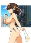  absurdres ass bag bangs behind-the-head_headphones blue_sky blush breasts brown_eyes brown_hair cloud cup day drinking_straw hairband halterneck handbag haruhisky headphones highres large_breasts nipples no_bra orange_hairband paid_reward panties patreon_reward road shop short_hair side-tie_panties sky solo street suzumiya_haruhi suzumiya_haruhi_no_yuuutsu topless tree unbuttoned underwear underwear_only 