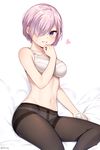  1girl bare_arms bare_shoulders bed_sheet black_legwear blush bra crotch_seam eyes_visible_through_hair fate/grand_order fate_(series) fine_fabric_emphasis hair_over_one_eye heart highres looking_at_viewer mash_kyrielight navel panties panties_under_pantyhose pantyhose parted_lips pink_hair purple_eyes sheet_grab shiny shiny_hair short_hair simple_background sitting smile solo stomach sweat thighband_pantyhose twitter_username underwear white_background white_bra 