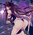  ass bangs bare_shoulders bow breasts brown_hair commentary_request earrings elbow_gloves eyebrows_visible_through_hair fate/grand_order fate_(series) gloves hair_bow hair_ornament holding hoop_earrings ishtar_(fate/grand_order) jewelry leg_up long_hair long_legs looking_at_viewer medium_breasts open_mouth panties red_eyes rihito_akane shiny single_elbow_glove single_thighhigh staff thighhighs thong underwear 