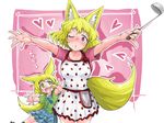 :d animal_ears apron blonde_hair blue_skirt blush child commentary_request doitsuken dress eyebrows_visible_through_hair fang fox_daughter_(doitsuken) fox_ears fox_tail fox_wife_(doitsuken) green_eyes green_shirt heart highres holding jewelry ladle looking_at_another looking_at_viewer mother_and_daughter multiple_girls one_eye_closed open_mouth original outstretched_arms parted_lips pink_background pink_dress pink_eyes reaching_out ring shirt short_sleeves skirt smile standing tail wedding_band 