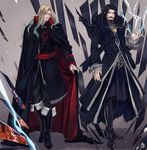 beard black_hair blonde_hair candy cape castlevania castlevania_(netflix) coat commentary cosplay costume_switch death_(castlevania) demon dracula facial_hair fate/apocrypha fate_(series) food glass_shards gradient_hair halloween highres julia_yit lightning multicolored_hair pumpkin red_eyes vlad_iii_(fate/apocrypha) 