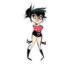  1girl black_eyes black_footwear black_gloves black_shorts boots breasts choker full_body gloves gorillaz green_hair herny legs_apart looking_to_the_side medium_breasts noodle_(gorillaz) off_shoulder pigeon-toed shorts simple_background smile solo standing teeth tied_hair white_background 