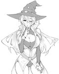 breasts cleavage commentary gebyy-terar greyscale hat large_breasts long_hair monochrome one_eye_closed original sleeveless witch_hat 