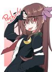  absurdres alternate_eye_color black_cardigan brown_hair cardigan crescent crescent_hair_ornament food hair_ornament highres holding holding_food kantai_collection kisaragi_(kantai_collection) long_hair necktie pocky pocky_day red_eyes red_neckwear remodel_(kantai_collection) sakakiba_misogi school_uniform serafuku smile solo tongue tongue_out 