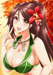  alternate_costume amagi_(kantai_collection) bare_shoulders bikini breasts brown_eyes brown_hair cleavage collarbone commentary_request eyebrows eyebrows_visible_through_hair flower green_bikini_top hair_between_eyes hair_flower hair_ornament highres kantai_collection large_breasts long_hair looking_at_viewer makumaxu mole mole_under_eye open_mouth ponytail solo swimsuit upper_body v 