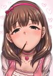  blue_eyes blush breasts brown_hair collarbone food hairband heart heart-shaped_pupils highres i_am_homeko idolmaster idolmaster_cinderella_girls incoming_pocky_kiss long_hair looking_at_viewer medium_breasts mouth_hold pink_hairband pocky pocky_day sakuma_mayu solo symbol-shaped_pupils 