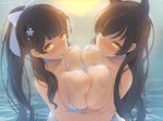  animal_ears atago_(azur_lane) azur_lane bikini black_hair blue_choker blush breast_press breasts choker extra_ears large_breasts long_hair looking_at_viewer mole mole_under_eye mouth_hold multiple_girls nipples nose_blush ocean one-piece_swimsuit outdoors papino ponytail seductive_smile smile sunrise swimsuit symmetrical_docking takao_(azur_lane) tan tanline upper_body very_long_hair white_bikini white_swimsuit yellow_eyes 