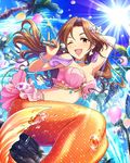  artist_request balloon brown_eyes brown_hair coconut_tree earrings hair_ornament idolmaster idolmaster_cinderella_girls jewelry kawashima_mizuki long_hair mermaid microphone monster_girl monsterification official_art one_eye_closed palm_tree shell shell_bikini tree 