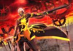  akamiso_(k074510) buzz_cut dark_skin dark_skinned_male dual_wielding emiya_alter fate/grand_order fate_(series) gears gun highres holding holding_gun holding_weapon looking_at_viewer male_focus pants solo sword topless weapon white_hair yellow_eyes 
