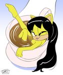  anthro beverage black_hair cat cup epictones feline female fur hair honey_the_cat mammal nude one_eye_closed open_mouth open_smile orange_eyes partially_submerged smile sonic_(series) steam tea tea_cup wink yellow_fur 