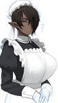  accio apron black_hair blue_eyes breasts commentary_request dark_elf dark_skin elf gloves hair_over_one_eye half-closed_eye hands_together huge_breasts juliet_sleeves long_sleeves maid maid_apron maid_cap original pointy_ears puffy_sleeves short_hair simple_background sketch solo translated upper_body white_background white_gloves 