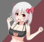  :d bow breasts cat_cutout cat_lingerie cleavage commentary_request fang hair_bow hair_ribbon highres large_breasts looking_at_viewer meme_attire midriff navel open_mouth orange_eyes original ribbon short_hair silver_hair smile solo twintails v yuzutei 