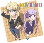  :d ahoge black_shirt blonde_hair blue_eyes blush copyright_name foreshortening from_above hand_on_hip long_hair multicolored multicolored_text multiple_girls new_game! onomekaman open_mouth pants purple_eyes purple_hair shirt skirt smile suzukaze_aoba twintails yagami_kou 