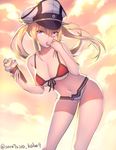  bare_shoulders blonde_hair breasts cleavage cowboy_shot finger_to_mouth food graf_zeppelin_(kantai_collection) hat holding holding_food ice_cream kantai_collection large_breasts long_hair looking_at_viewer navel peaked_cap purple_eyes red_bikini_top solo sunset touwa_nikuman twintails twitter_username white_bikini_bottom 