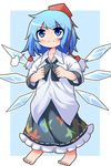  blue_eyes blue_hair blush cirno commentary_request cosplay hat ice ice_wings oversized_clothes peku_(science_santa-san) pom_pom_(clothes) shameimaru_aya shameimaru_aya_(cosplay) short_hair skirt smile solo tokin_hat touhou wings 