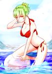  alternate_costume alternate_hairstyle bangs bikini blue_sky breasts cleavage closed_mouth commentary_request day green_hair halter_top halterneck highres itocoh kazami_yuuka large_breasts looking_at_viewer ocean plaid plaid_bikini ponytail red_bikini red_eyes short_hair sky smile solo swimsuit touhou 