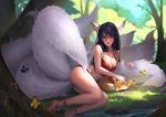  adapted_costume ahri animal_ears black_hair blurry bra breasts bug butterfly cleavage depth_of_field facial_mark fox fox_tail highres insect league_of_legends lips long_hair looking_at_viewer lying md5_mismatch medium_breasts multiple_tails nail_polish on_side outdoors panties purple_eyes red_bra red_panties solo tail underwear whisker_markings xiaozhou_zhang 