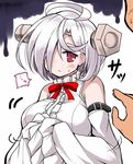  1boy 1girl ahoge azur_lane bolt bow bowtie commander_(azur_lane) commentary_request detached_sleeves hair_over_one_eye out_of_frame red_eyes short_hair sleeves_past_wrists sweat terror_(azur_lane) tsuzuri_(tuzuri) white_hair wide_sleeves 