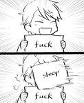  2koma :d closed_eyes comic emphasis_lines greyscale holding idolmaster idolmaster_side-m in_the_face maita_rui male_focus monochrome open_mouth pillow profanity smile throwing zo_tuite 