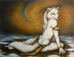  arctic_fox armband black_nose black_pawpads bracelet breasts canine claws clothing ear_piercing female fox fur hair jewelry loincloth looking_back mammal outside pawpads piercing side_boob sitting sky snow solo teiirka tribal_clothing white_fur yellow_eyes 