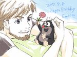  beard birthday blanket blue_eyes brown_hair commentary_request country_connection crossover czech_republic dated emil_nekola facial_hair flower happy_birthday highres holding holding_flower itou_noriko krtecek mole_(animal) on_bed open_mouth shirt size_difference smile t-shirt tag yuri!!!_on_ice 